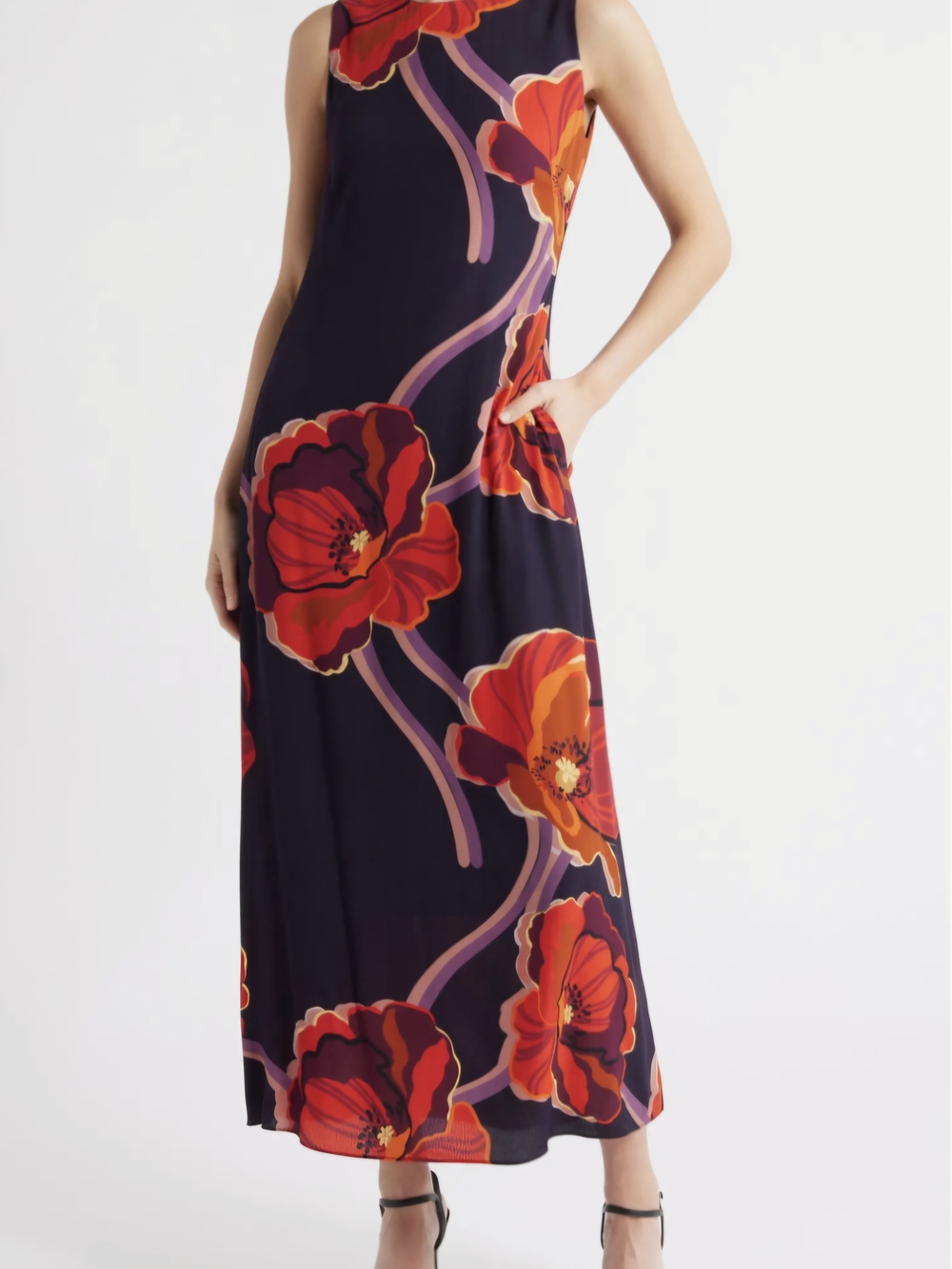 Lost + Wander Navy Maxi Dress with Red and Orange Floral Print w Pockets!